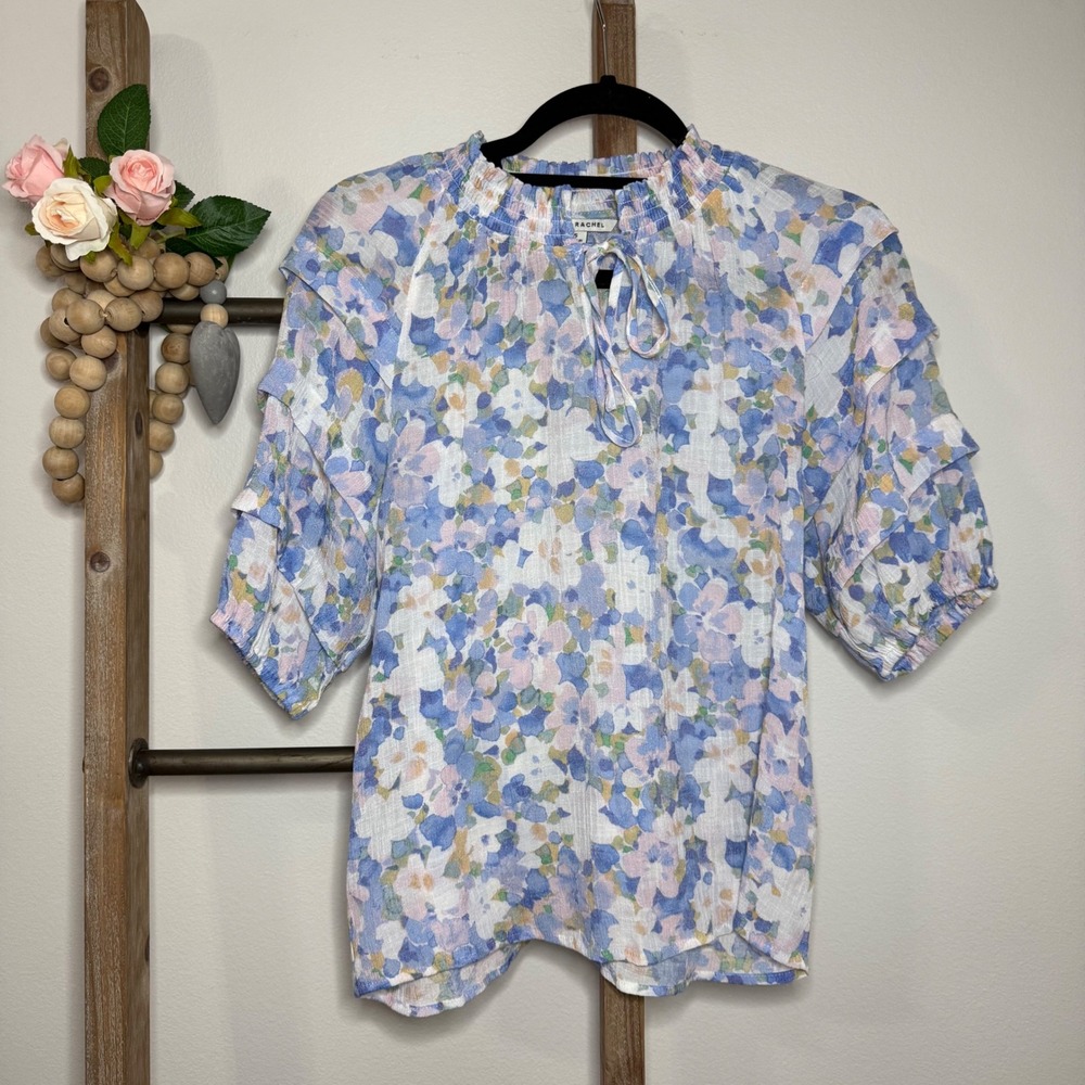 Zac and Rachel Short Sleeve Floral Blue White Blouse Size Small
